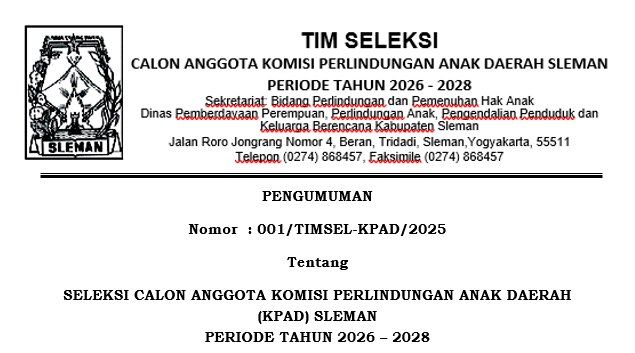 PENGUMUMAN  REKRUTMEN CALON ANGGOTA KOMISI PERLINDUNGAN ANAK DAERAH (KPAD) SLEMAN PERIODE 2026-2028