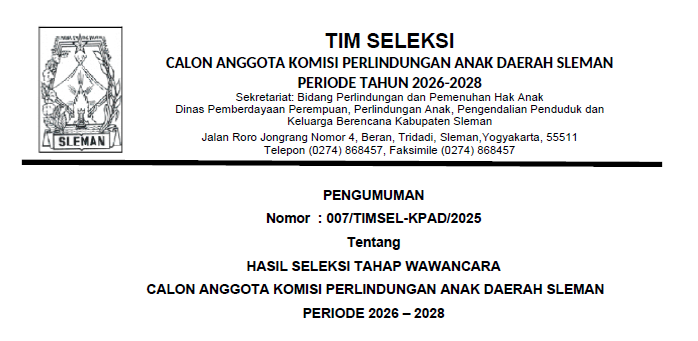 Hasil Seleksi Tahap Wawancara Calon Anggota Komisi Perlindungan Anak Daerah Sleman Periode 2026-2028